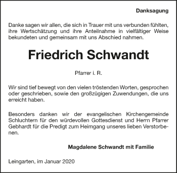 Traueranzeige von Friedrich Schwandt 