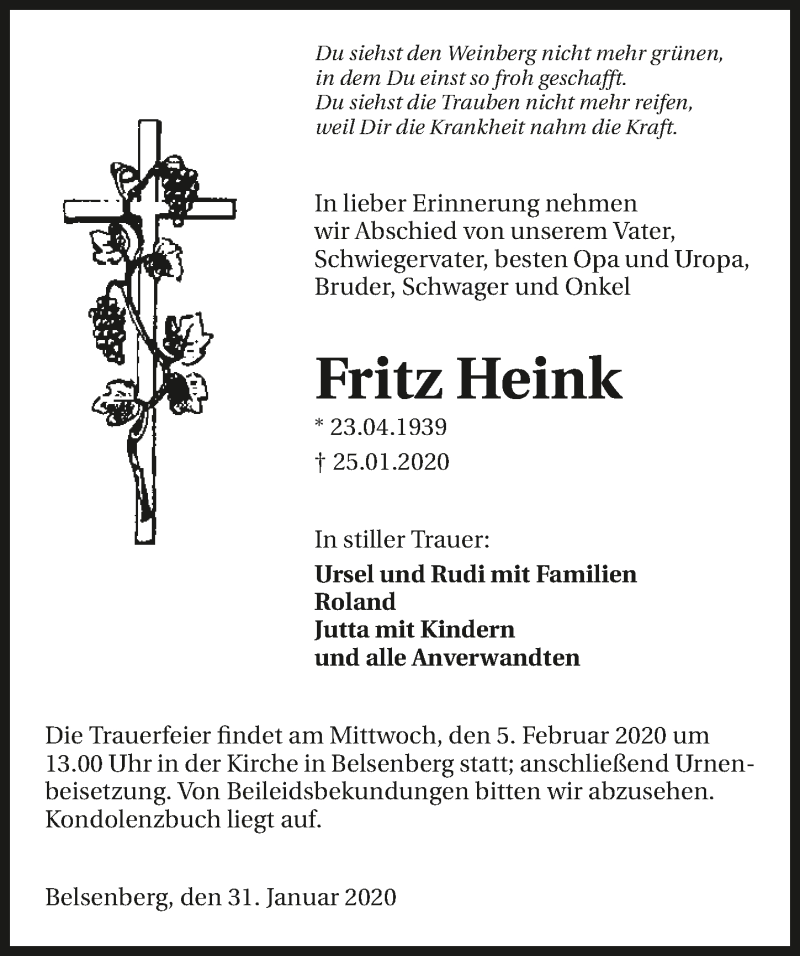  Traueranzeige für Fritz Heink vom 31.01.2020 aus 