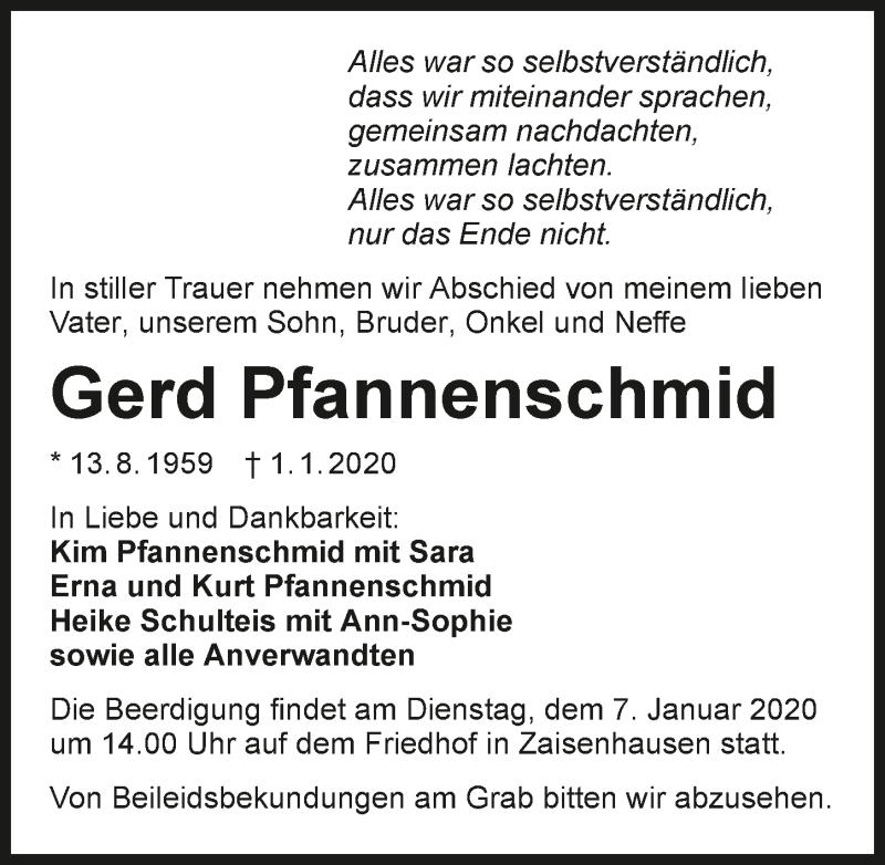  Traueranzeige für Gerd Pfannenschmid vom 04.01.2020 aus 