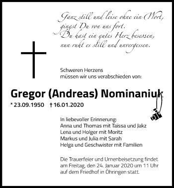 Traueranzeige von Gregor Nominaniuk 