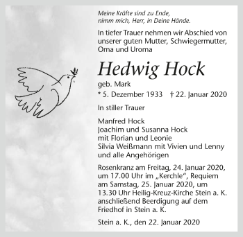 Traueranzeige von Hedwig Hock 