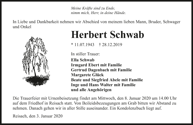  Traueranzeige für Herbert Schwab vom 03.01.2020 aus 