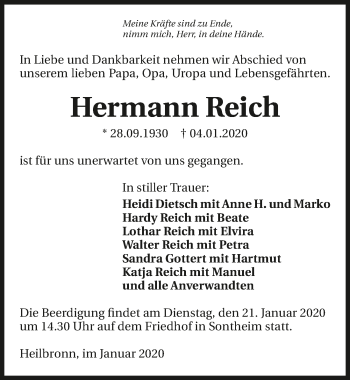 Traueranzeige von Hermann Reich 