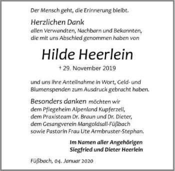 Traueranzeige von Hilde Heerlein 