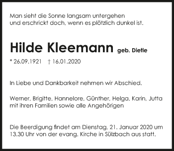 Traueranzeige von Hilde Kleemann 