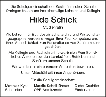 Traueranzeige von Hilde Schick 