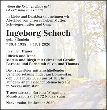 Traueranzeige von Ingeborg Schoch 