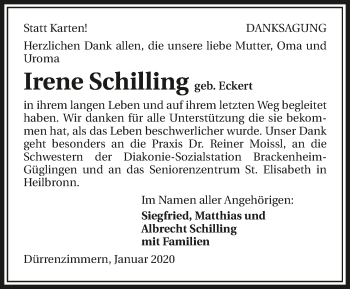 Traueranzeige von Irene Schilling 