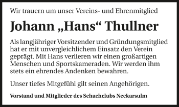 Traueranzeige von Johann Thullner 