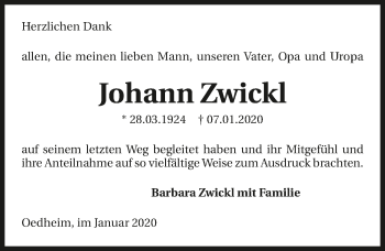Traueranzeige von Johann Zwickl 
