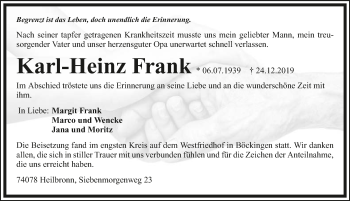 Traueranzeige von Karl-Heinz Frank 