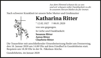 Traueranzeige von Katharina Ritter 