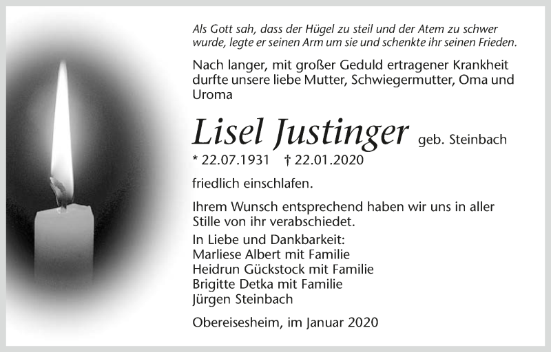  Traueranzeige für Lisel Justinger vom 01.02.2020 aus 