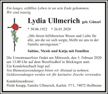 Traueranzeige von Lydia Ullmerich 