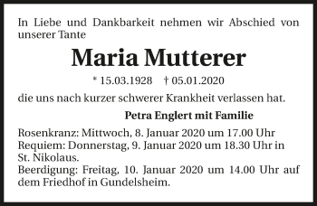 Traueranzeige von Maria Mutterer 