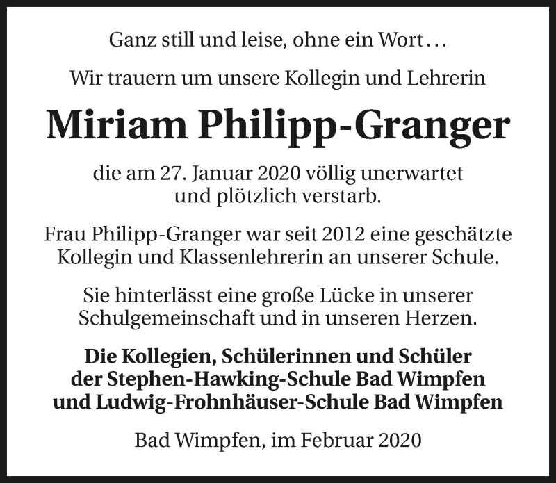  Traueranzeige für Miriam Philipp-Granger vom 01.02.2020 aus 