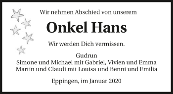 Traueranzeige von Onkel Hans  