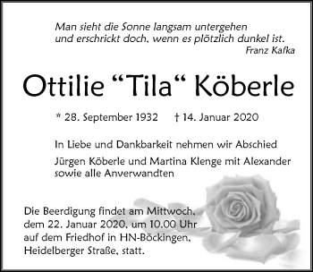 Traueranzeige von Ottilie Köberle 