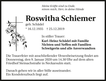 Traueranzeige von Roswitha Schiemer 