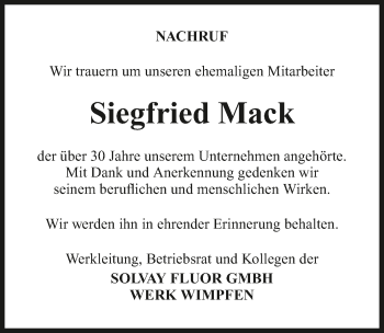 Traueranzeige von Siegfried Mack 