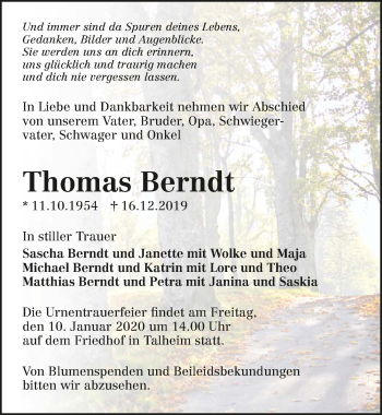 Traueranzeige von Thomas Berndt 