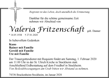 Traueranzeige von Valeria Fritzenschaft 