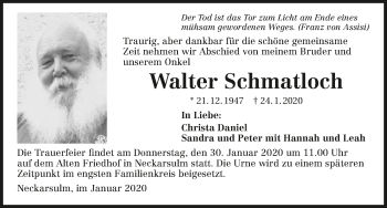 Traueranzeige von Walter Schmatloch 