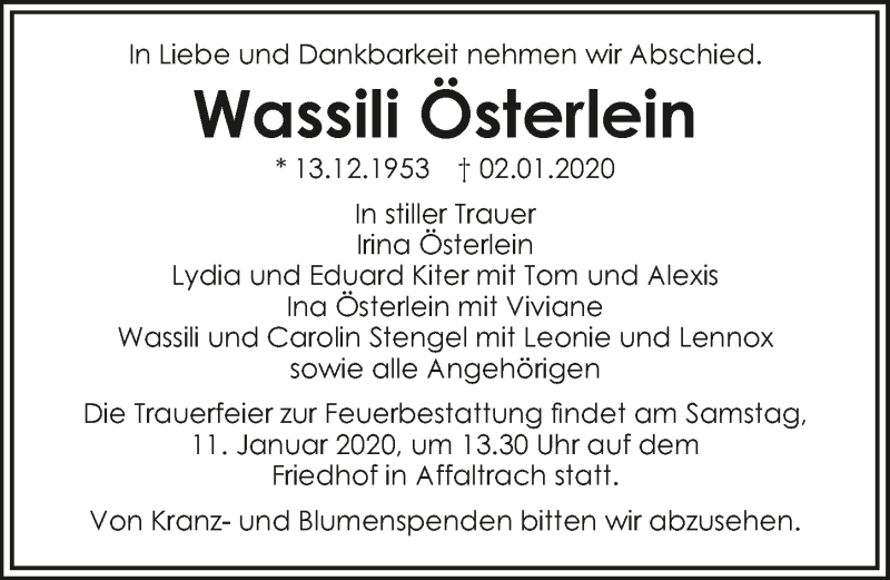  Traueranzeige für Wassili Österlein vom 08.01.2020 aus 