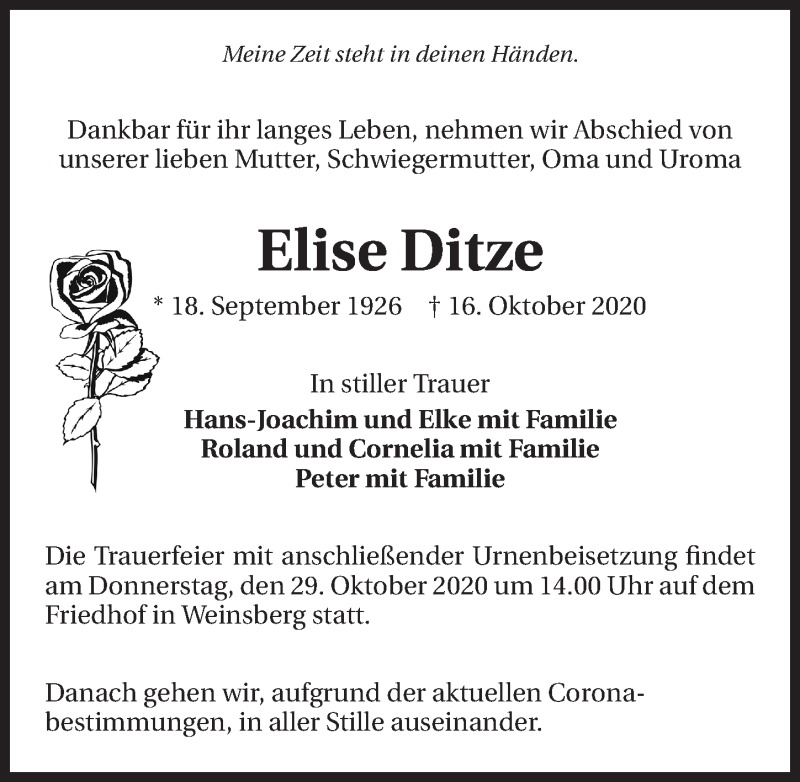  Traueranzeige für Elise Ditze vom 26.10.2020 aus GESAMT