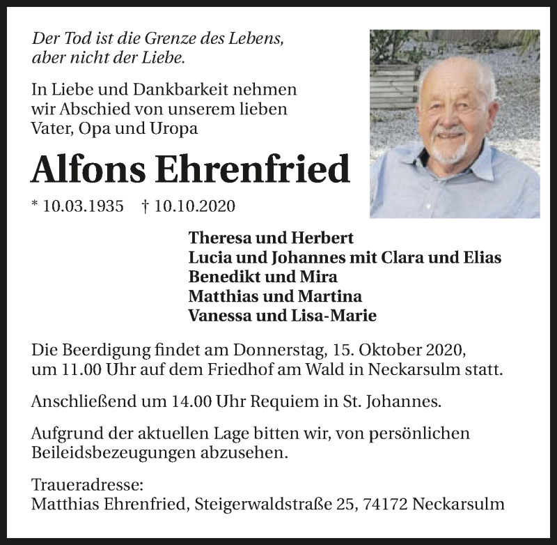  Traueranzeige für Alfons Ehrenfried vom 13.10.2020 aus GESAMT