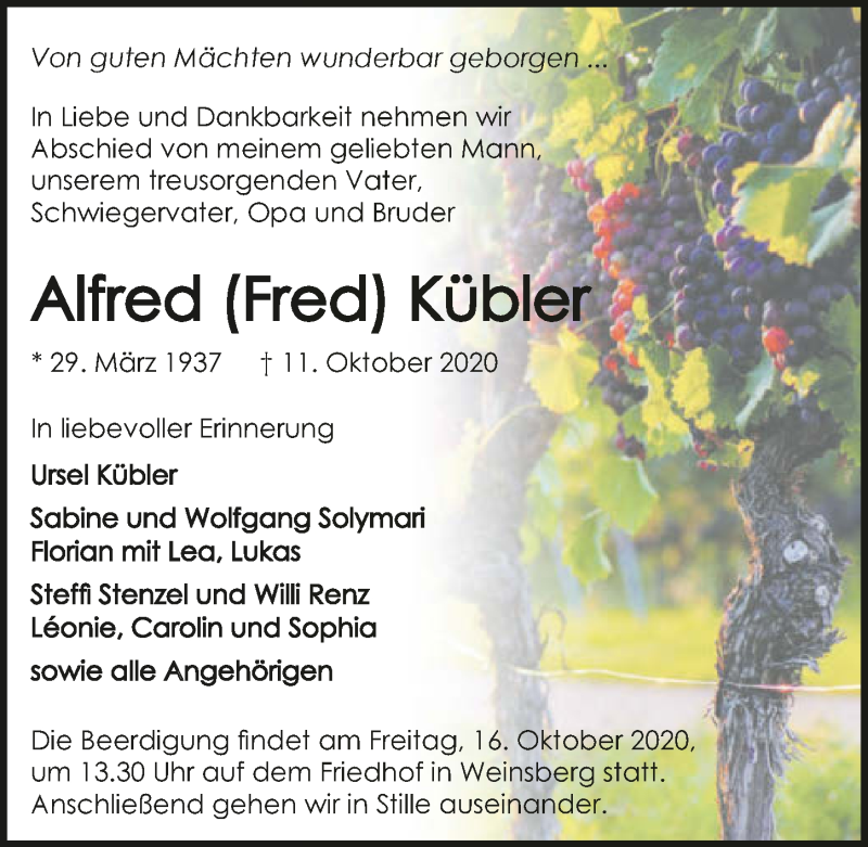  Traueranzeige für Alfred Kübler vom 13.10.2020 aus GESAMT