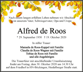 Traueranzeige von Alfred de Roos von GESAMT