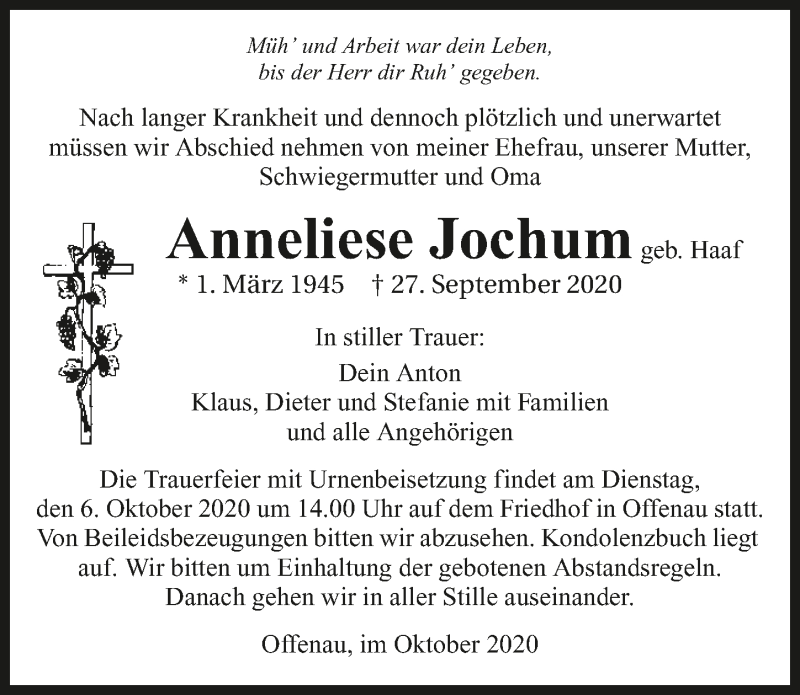 Traueranzeige für Anneliese Jochum vom 02.10.2020 aus GESAMT