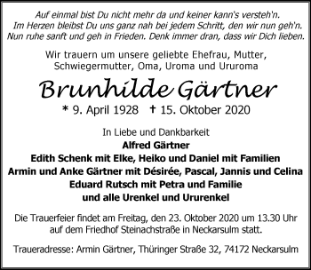 Traueranzeige von Brunhilde Gärtner von GESAMT