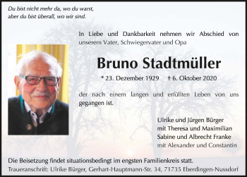 Traueranzeige von Bruno Stadtmüller von GESAMT