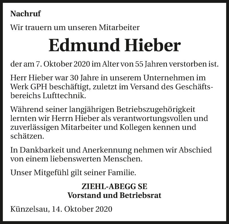  Traueranzeige für Edmund Hieber vom 14.10.2020 aus GESAMT
