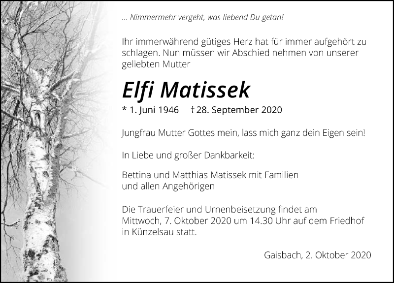  Traueranzeige für Elfi Matissek vom 02.10.2020 aus GESAMT