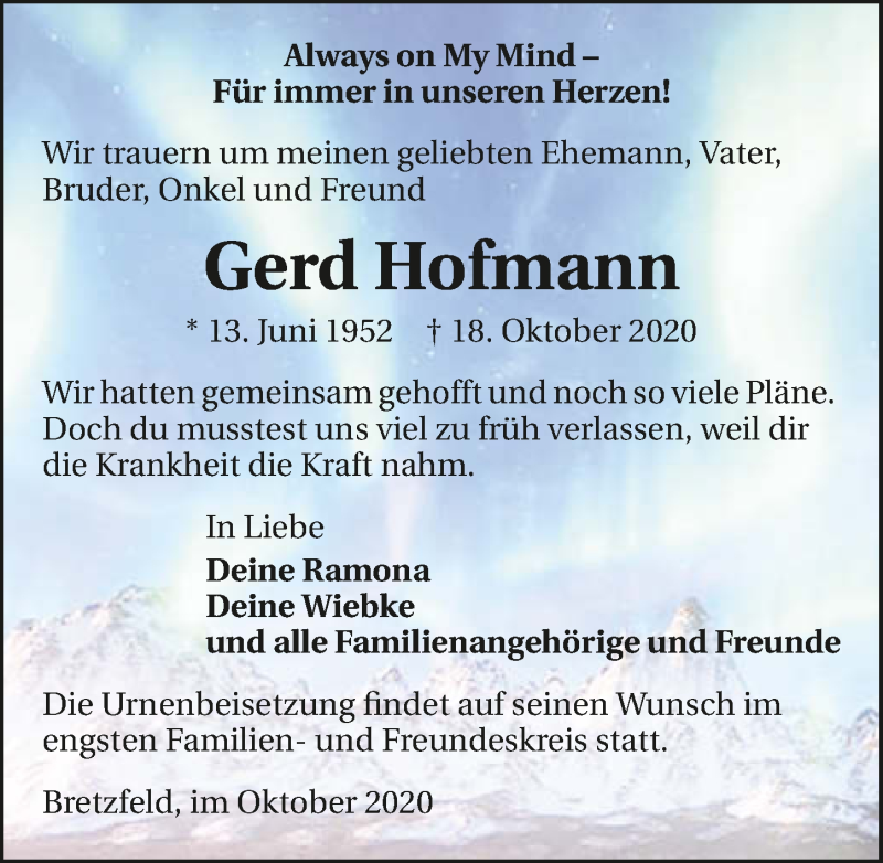  Traueranzeige für Gerd Hofmann vom 24.10.2020 aus GESAMT