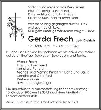 Traueranzeige von Gerda Frech von GESAMT
