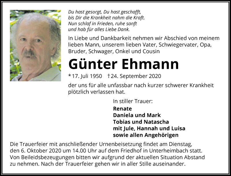  Traueranzeige für Günter Ehmann vom 02.10.2020 aus GESAMT