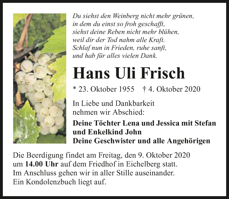  Traueranzeige für Hans Uli Frisch vom 07.10.2020 aus GESAMT