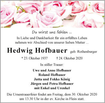 Traueranzeige von Hedwig Hofbauer von GESAMT