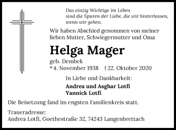 Traueranzeige von Helga Mager von GESAMT