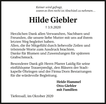 Traueranzeige von Hilde Giebler von GESAMT