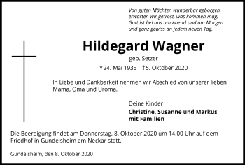 Traueranzeige von Hildegard Wagner von GESAMT