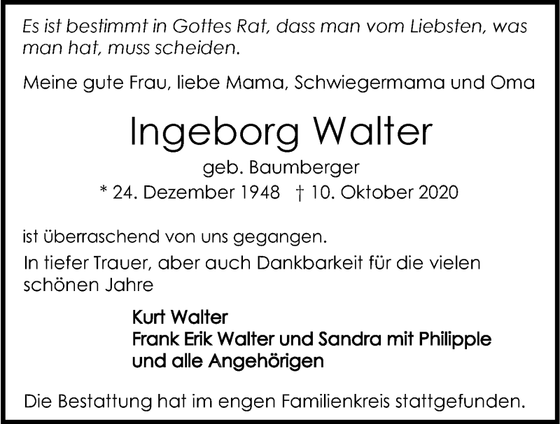  Traueranzeige für Ingeborg Walter vom 21.10.2020 aus GESAMT