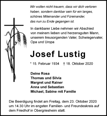Traueranzeige von Josef Lustig von GESAMT