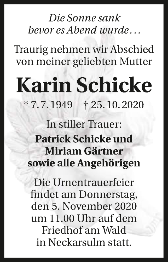  Traueranzeige für Karin Schicke vom 31.10.2020 aus GESAMT