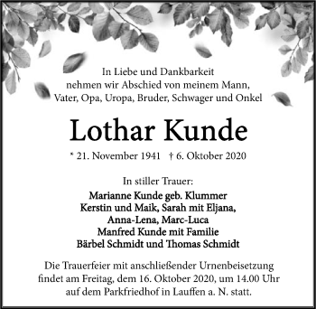 Traueranzeige von Lothar Kunde von GESAMT