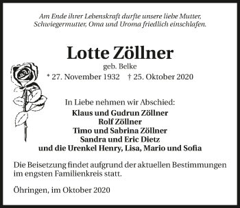 Traueranzeige von Lotte Zöllner von GESAMT